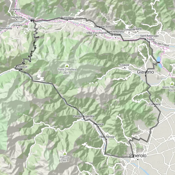 Map miniature of "Road to Monte Pirchiriano Loop" cycling inspiration in Piemonte, Italy. Generated by Tarmacs.app cycling route planner