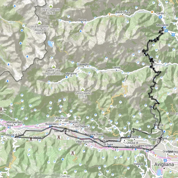 Zemljevid v pomanjšavi "Ekstremna Cestna Pot okoli Susa" kolesarske inspiracije v Piemonte, Italy. Generirano z načrtovalcem kolesarskih poti Tarmacs.app