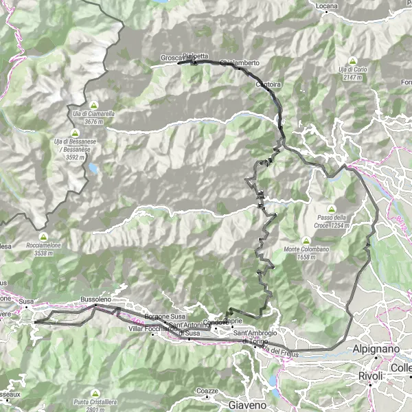 Miniature de la carte de l'inspiration cycliste "Parcours Épique dans les Alpes Piémontaises" dans la Piemonte, Italy. Générée par le planificateur d'itinéraire cycliste Tarmacs.app