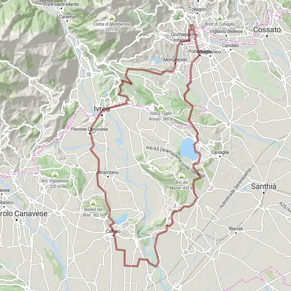 Mapa miniatúra "Náročný gravel okruh s panoramatickými výhľadmi" cyklistická inšpirácia v Piemonte, Italy. Vygenerované cyklistickým plánovačom trás Tarmacs.app