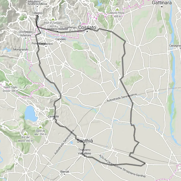 Miniatura della mappa di ispirazione al ciclismo "Tour in bicicletta tra Valdengo e Ponderano" nella regione di Piemonte, Italy. Generata da Tarmacs.app, pianificatore di rotte ciclistiche