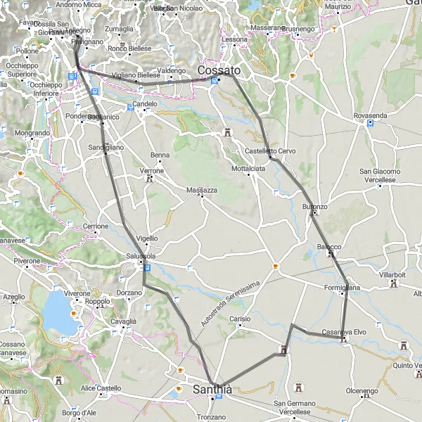 Map miniature of "Cossato Loop" cycling inspiration in Piemonte, Italy. Generated by Tarmacs.app cycling route planner