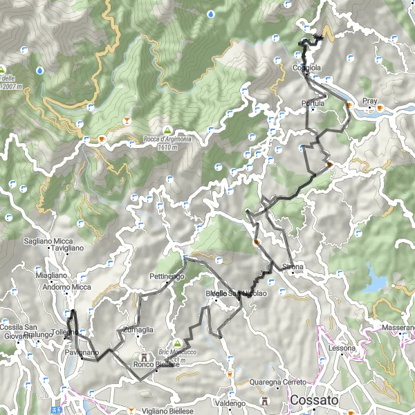 Miniatura della mappa di ispirazione al ciclismo "Avventurosa cicloescursione da Tollegno a Zumaglia" nella regione di Piemonte, Italy. Generata da Tarmacs.app, pianificatore di rotte ciclistiche