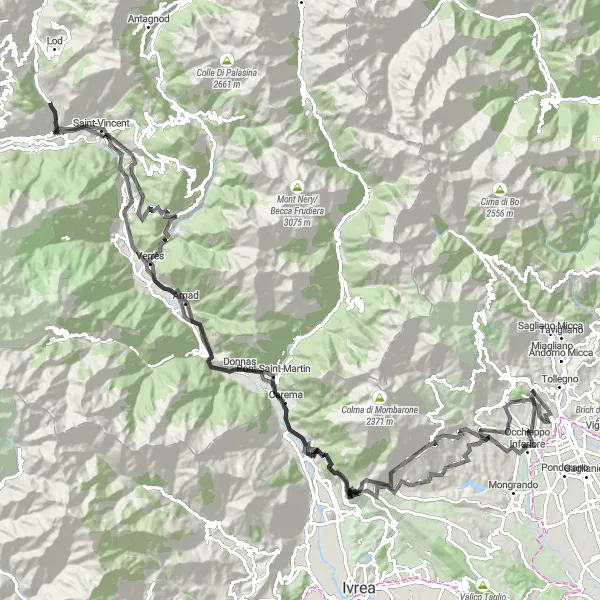 Map miniature of "Road adventure from Tollegno" cycling inspiration in Piemonte, Italy. Generated by Tarmacs.app cycling route planner