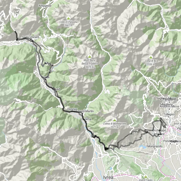 Zemljevid v pomanjšavi "Velika cestna kolesarska avantura okoli Tollegna" kolesarske inspiracije v Piemonte, Italy. Generirano z načrtovalcem kolesarskih poti Tarmacs.app