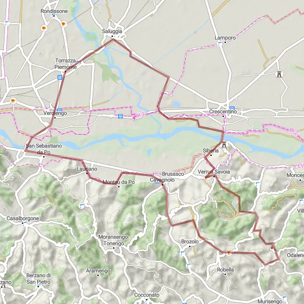 Miniaturní mapa "Gravel Cyklotrasa okolo Torrazza Piemonte" inspirace pro cyklisty v oblasti Piemonte, Italy. Vytvořeno pomocí plánovače tras Tarmacs.app