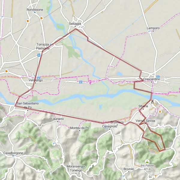 Karttaminiaatyyri "Verrua Savoia - Torrazza Piemonte - Verolengo Route" pyöräilyinspiraatiosta alueella Piemonte, Italy. Luotu Tarmacs.app pyöräilyreittisuunnittelijalla