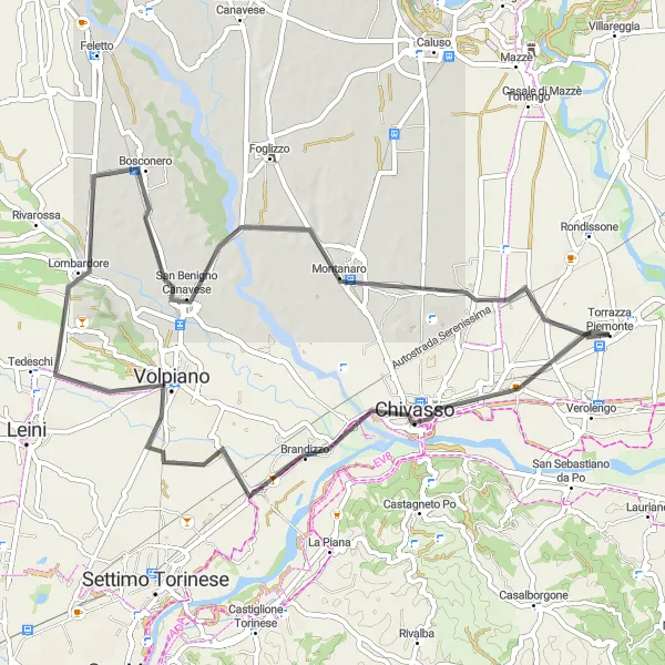 Karttaminiaatyyri "Pyöräilyretki Chivassoon ja San Benignoon" pyöräilyinspiraatiosta alueella Piemonte, Italy. Luotu Tarmacs.app pyöräilyreittisuunnittelijalla