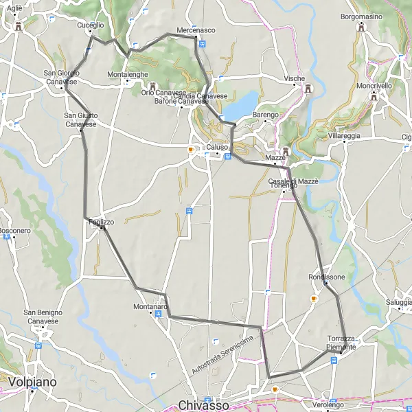 Karttaminiaatyyri "Montanaro - Caluso - Rondissone Road Cycling Route" pyöräilyinspiraatiosta alueella Piemonte, Italy. Luotu Tarmacs.app pyöräilyreittisuunnittelijalla