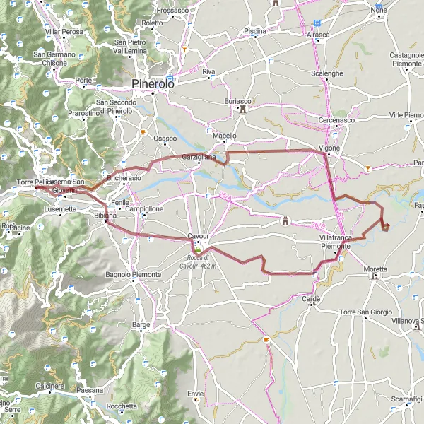 Miniaturní mapa "Gravelový okruh kolem Luserna San Giovanni a Cantogno" inspirace pro cyklisty v oblasti Piemonte, Italy. Vytvořeno pomocí plánovače tras Tarmacs.app