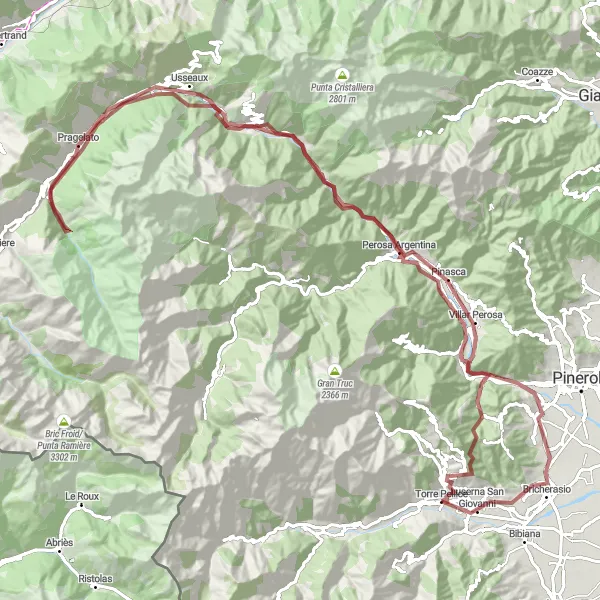 Map miniature of "Gravel Adventure in Torre Pellice, Piemonte" cycling inspiration in Piemonte, Italy. Generated by Tarmacs.app cycling route planner