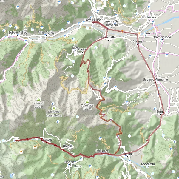 Map miniature of "Mountain Adventure from Torre Pellice" cycling inspiration in Piemonte, Italy. Generated by Tarmacs.app cycling route planner
