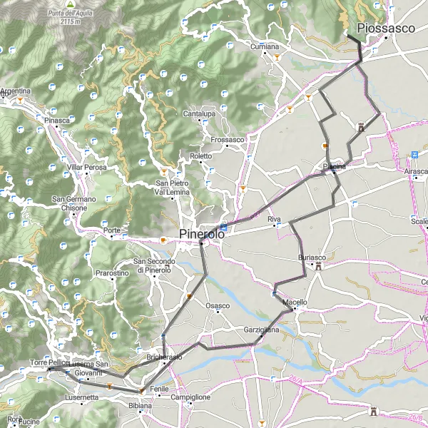 Map miniature of "Torre Pellice - Pinerolo Road Adventure" cycling inspiration in Piemonte, Italy. Generated by Tarmacs.app cycling route planner