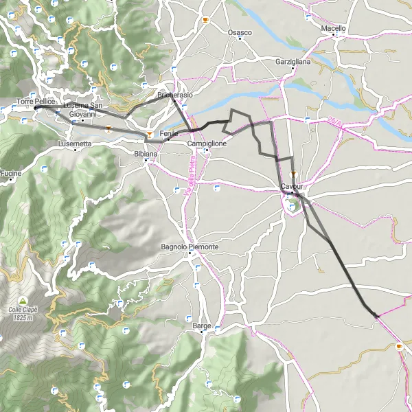 Miniatua del mapa de inspiración ciclista "Ruta de ciclismo de carretera alrededor de Torre Pellice" en Piemonte, Italy. Generado por Tarmacs.app planificador de rutas ciclistas