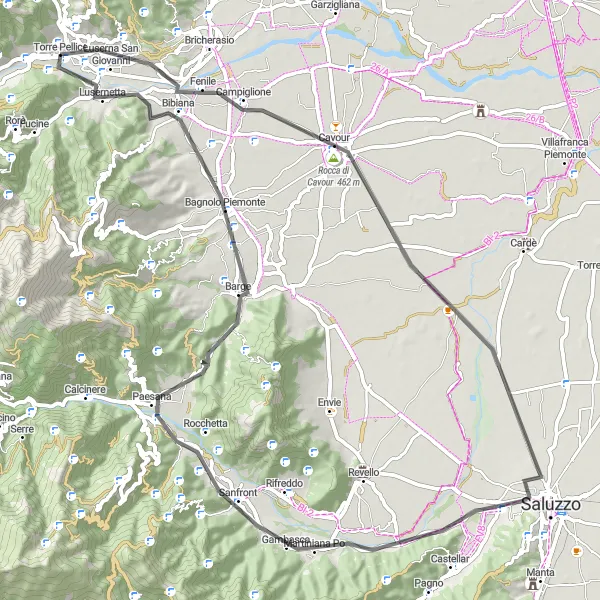 Miniatura della mappa di ispirazione al ciclismo "Road da Cavour a Lusernetta" nella regione di Piemonte, Italy. Generata da Tarmacs.app, pianificatore di rotte ciclistiche