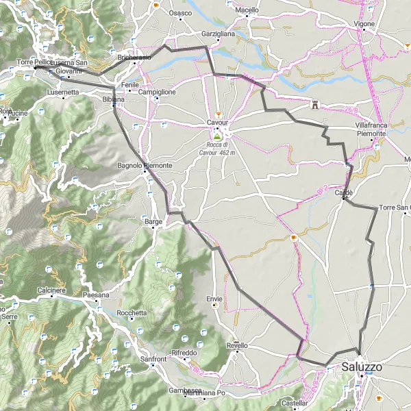 Miniature de la carte de l'inspiration cycliste "Escapade Campagnarde" dans la Piemonte, Italy. Générée par le planificateur d'itinéraire cycliste Tarmacs.app