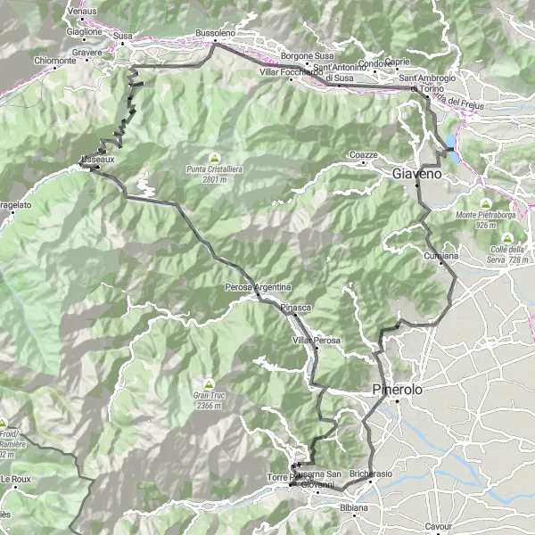Karttaminiaatyyri "Angrogna ja Monte Fassolino kiertue" pyöräilyinspiraatiosta alueella Piemonte, Italy. Luotu Tarmacs.app pyöräilyreittisuunnittelijalla