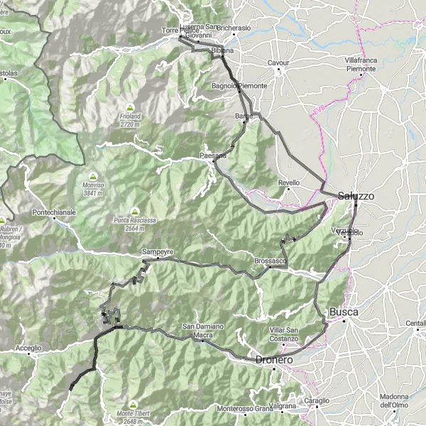 Mapa miniatúra "Náročný cyklistický okruh okolo Torre Pellice (Piemonte, Taliansko)" cyklistická inšpirácia v Piemonte, Italy. Vygenerované cyklistickým plánovačom trás Tarmacs.app