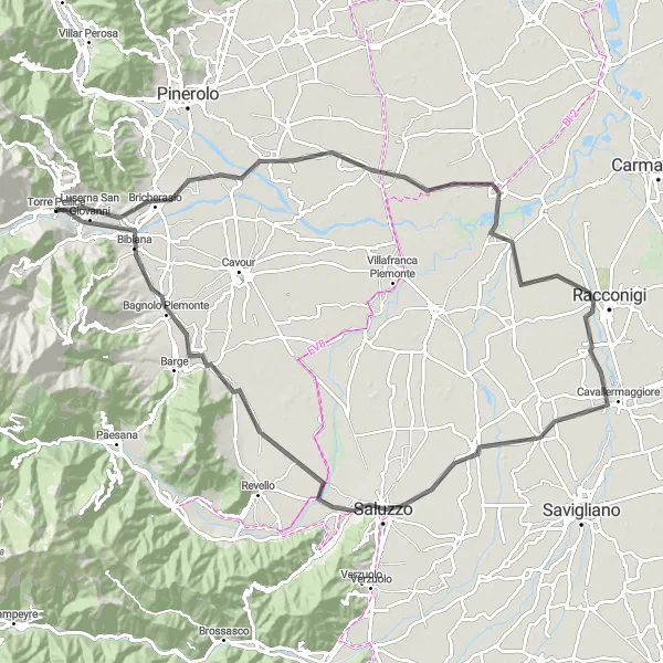 Map miniature of "Torre Pellice & Monasterolo" cycling inspiration in Piemonte, Italy. Generated by Tarmacs.app cycling route planner