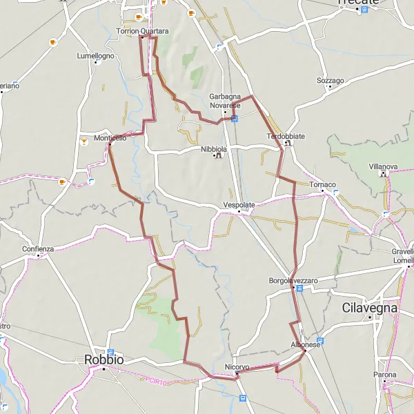 Miniaturní mapa "Gravel okruh kolem Torrion Quartara" inspirace pro cyklisty v oblasti Piemonte, Italy. Vytvořeno pomocí plánovače tras Tarmacs.app