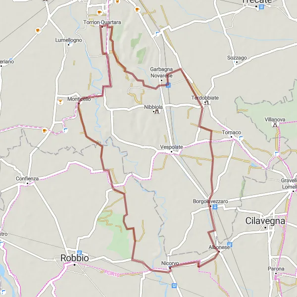 Miniatura della mappa di ispirazione al ciclismo "Esplorazione in bicicletta tra Terdobbiate e Nicorvo" nella regione di Piemonte, Italy. Generata da Tarmacs.app, pianificatore di rotte ciclistiche