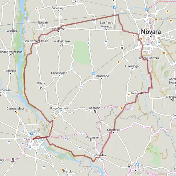 Miniature de la carte de l'inspiration cycliste "Exploration de Monticello et San Nazzaro Sesia" dans la Piemonte, Italy. Générée par le planificateur d'itinéraire cycliste Tarmacs.app