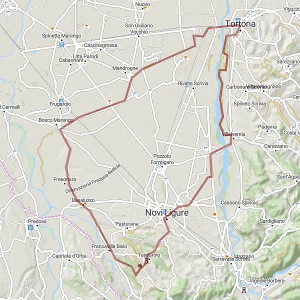 Karten-Miniaturansicht der Radinspiration "Villalvernia-Noviligure-Tassarolo-Bosco Marengo-Mandrogne Gravel-Rundweg" in Piemonte, Italy. Erstellt vom Tarmacs.app-Routenplaner für Radtouren