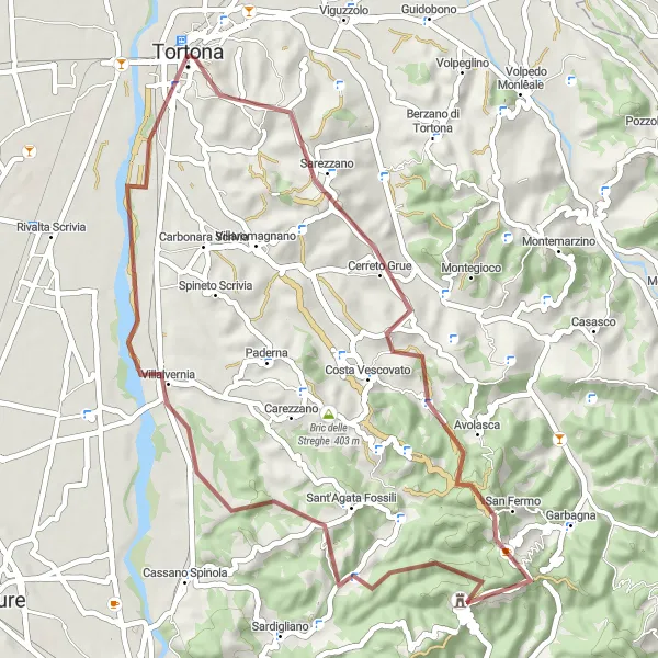 Mapa miniatúra "Gravel okruh cez Cerreto Grue" cyklistická inšpirácia v Piemonte, Italy. Vygenerované cyklistickým plánovačom trás Tarmacs.app