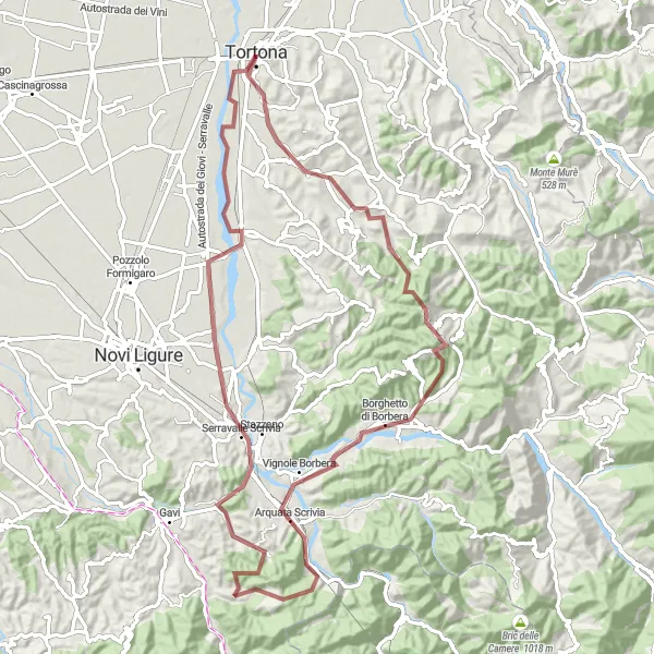 Karten-Miniaturansicht der Radinspiration "Avolasca-Monte Campo Grande-Borghetto di Borbera-Arquata Scrivia-Monte Erbano-Colle Ratto-Villalvernia Gravel-Rundweg" in Piemonte, Italy. Erstellt vom Tarmacs.app-Routenplaner für Radtouren