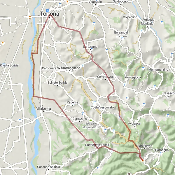Karten-Miniaturansicht der Radinspiration "Gravelroute von Tortona über Monte Lisone und Monte Piasi" in Piemonte, Italy. Erstellt vom Tarmacs.app-Routenplaner für Radtouren