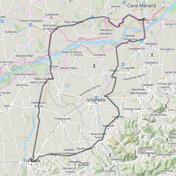 Zemljevid v pomanjšavi "Dolga cestna kolesarska pot od Tortone do Rivanazzano Terme" kolesarske inspiracije v Piemonte, Italy. Generirano z načrtovalcem kolesarskih poti Tarmacs.app