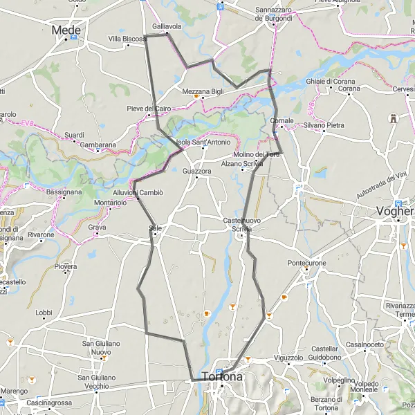Kartminiatyr av "Tortona til Castelnuovo Scrivia sykkelrute" sykkelinspirasjon i Piemonte, Italy. Generert av Tarmacs.app sykkelrutoplanlegger