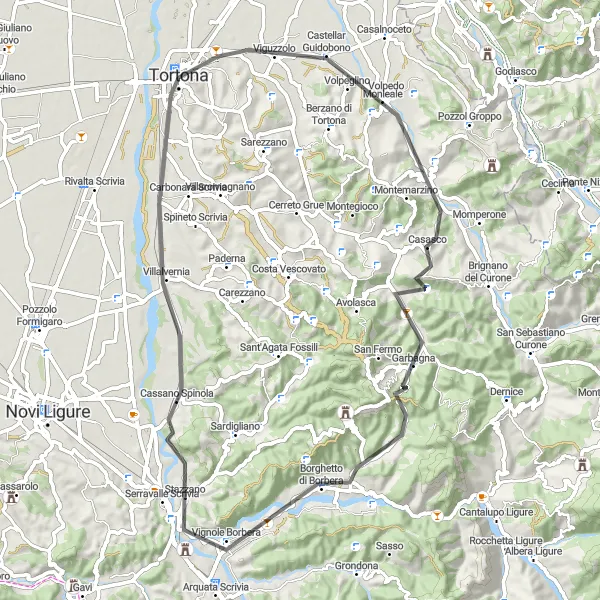 Miniatua del mapa de inspiración ciclista "Ruta de Ciclismo de Carretera por Viguzzolo y Monte Castellaro" en Piemonte, Italy. Generado por Tarmacs.app planificador de rutas ciclistas