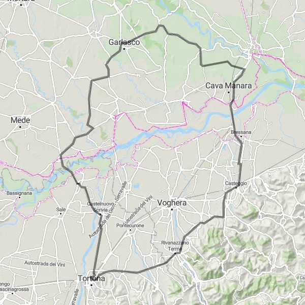 Kartminiatyr av "Vägcykling runt Tortona" cykelinspiration i Piemonte, Italy. Genererad av Tarmacs.app cykelruttplanerare