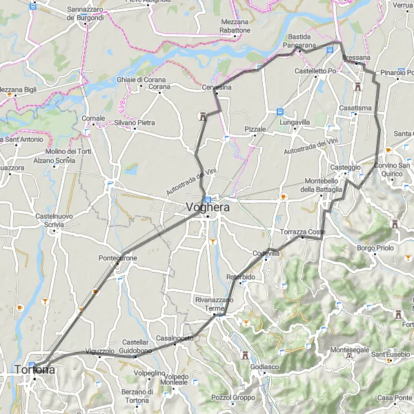 Karten-Miniaturansicht der Radinspiration "Rundweg Voghera-Pancarana-Casteggio-Colle Pistornile-Casalnoceto-Torre di Tortona" in Piemonte, Italy. Erstellt vom Tarmacs.app-Routenplaner für Radtouren