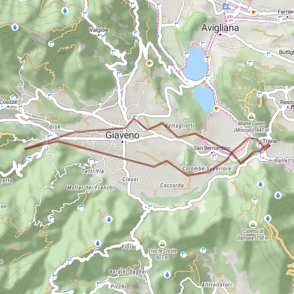 Miniaturní mapa "Gravelový okruh Giaveno a Galletto" inspirace pro cyklisty v oblasti Piemonte, Italy. Vytvořeno pomocí plánovače tras Tarmacs.app
