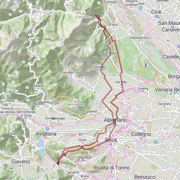 Karten-Miniaturansicht der Radinspiration "Gravel-Tour um Trana: Natur pur erleben" in Piemonte, Italy. Erstellt vom Tarmacs.app-Routenplaner für Radtouren