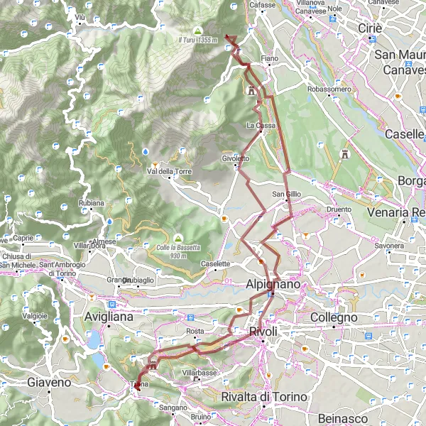 Miniatuurkaart van de fietsinspiratie "Gravel Route rond Trana" in Piemonte, Italy. Gemaakt door de Tarmacs.app fietsrouteplanner