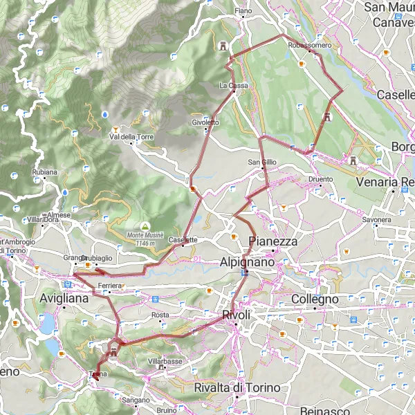 Map miniature of "Trana to Rivoli Gravel Route" cycling inspiration in Piemonte, Italy. Generated by Tarmacs.app cycling route planner