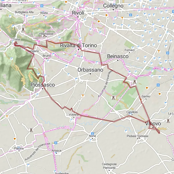 Map miniature of "Trana Villarbasse Route" cycling inspiration in Piemonte, Italy. Generated by Tarmacs.app cycling route planner