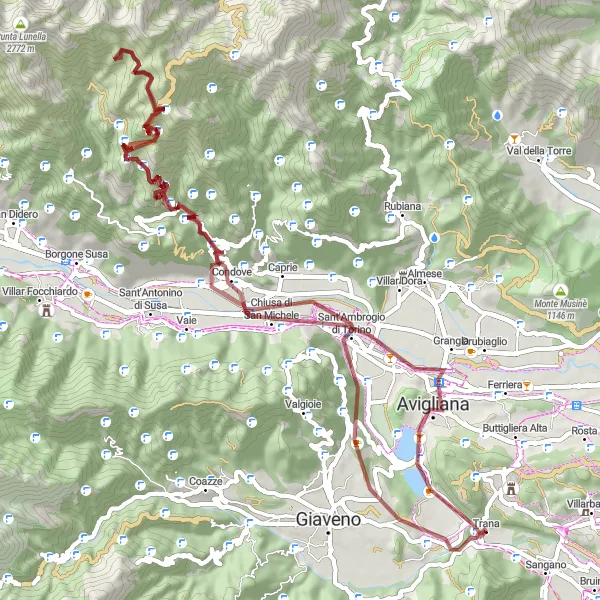 Miniatuurkaart van de fietsinspiratie "Gravelroute Trana - Chiusa di San Michele" in Piemonte, Italy. Gemaakt door de Tarmacs.app fietsrouteplanner
