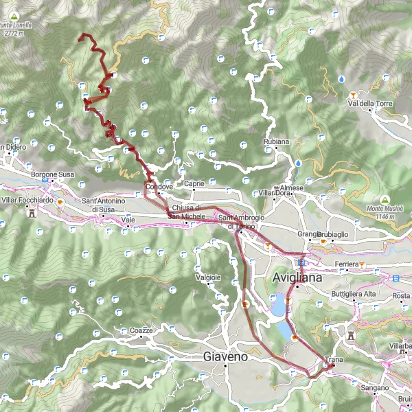 Miniaturní mapa "Gravelová výprava do Avigliany" inspirace pro cyklisty v oblasti Piemonte, Italy. Vytvořeno pomocí plánovače tras Tarmacs.app