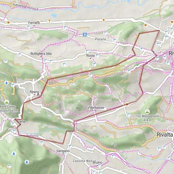 Miniatuurkaart van de fietsinspiratie "Gravelroute Trana - Galletto" in Piemonte, Italy. Gemaakt door de Tarmacs.app fietsrouteplanner