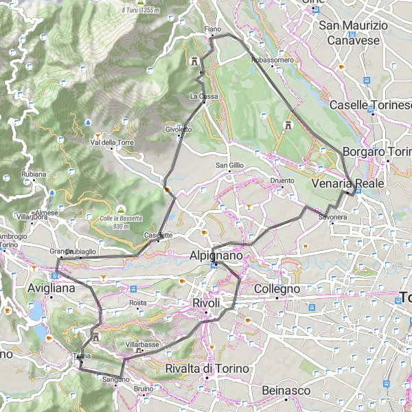 Map miniature of "Trana to Galletto Road Route" cycling inspiration in Piemonte, Italy. Generated by Tarmacs.app cycling route planner