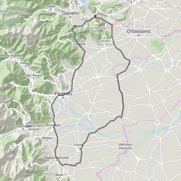Miniaturní mapa "Trasa kolem Cavour a Pinerola" inspirace pro cyklisty v oblasti Piemonte, Italy. Vytvořeno pomocí plánovače tras Tarmacs.app