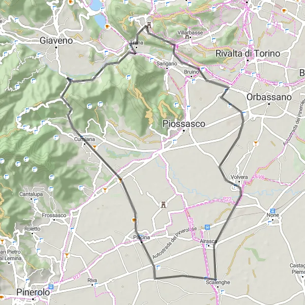 Miniaturní mapa "Cesta kolem Bruino a Volvera" inspirace pro cyklisty v oblasti Piemonte, Italy. Vytvořeno pomocí plánovače tras Tarmacs.app