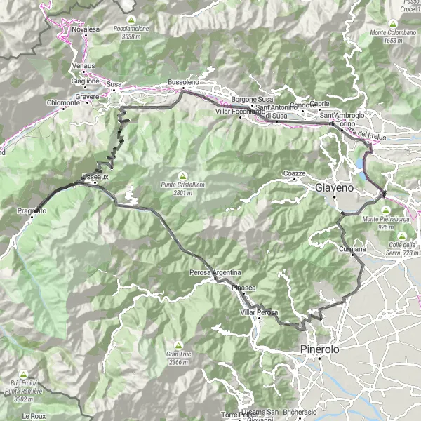 Map miniature of "Trana to Pragelato via Monte Cuneo and Rocce Rosse Road Route" cycling inspiration in Piemonte, Italy. Generated by Tarmacs.app cycling route planner