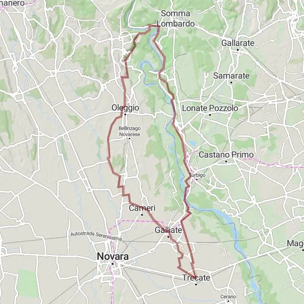 Miniature de la carte de l'inspiration cycliste "Parcours gravel de Galliate à Romentino via Oleggio et Vizzola Ticino" dans la Piemonte, Italy. Générée par le planificateur d'itinéraire cycliste Tarmacs.app