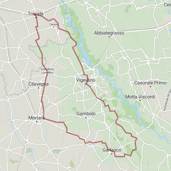 Miniature de la carte de l'inspiration cycliste "Circuit de gravier de Trecate à Buccella" dans la Piemonte, Italy. Générée par le planificateur d'itinéraire cycliste Tarmacs.app