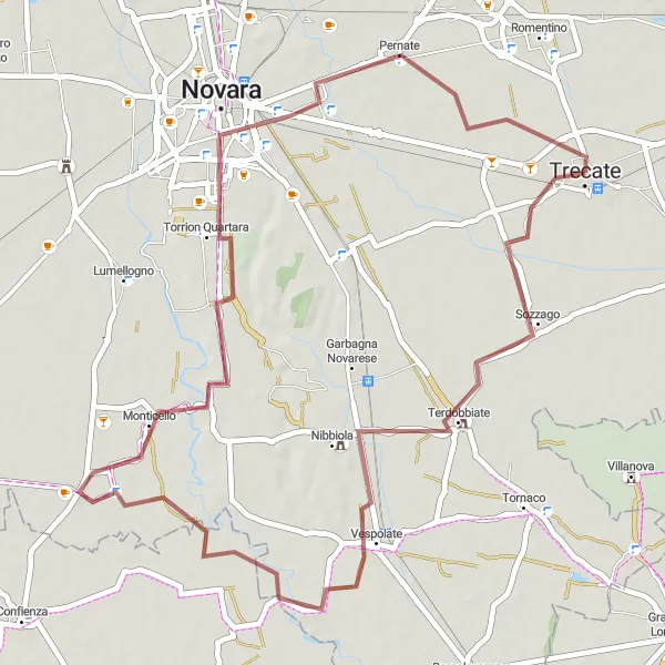 Kartminiatyr av "Grusbane sykling fra Trecate" sykkelinspirasjon i Piemonte, Italy. Generert av Tarmacs.app sykkelrutoplanlegger